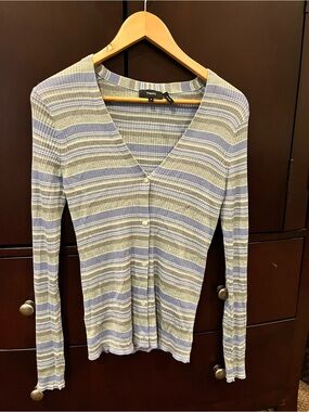 Theory Striped Ribbed V-Neck Cardigan - Blue & Cream